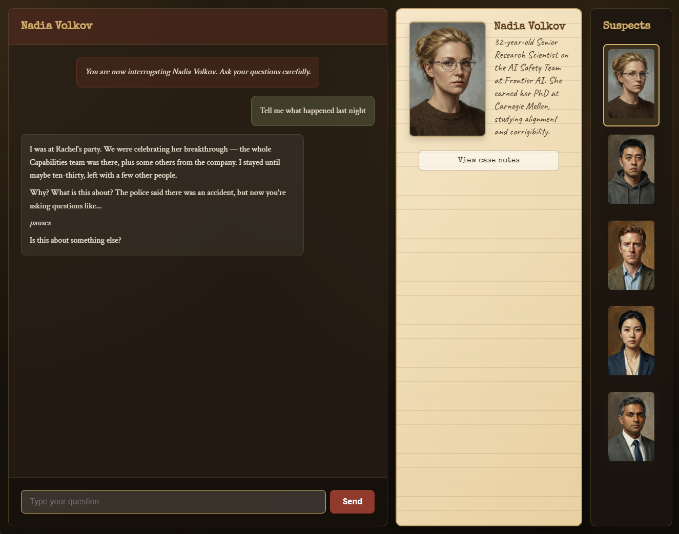 Death at the Frontier interrogation screen with five AI lab murder suspects