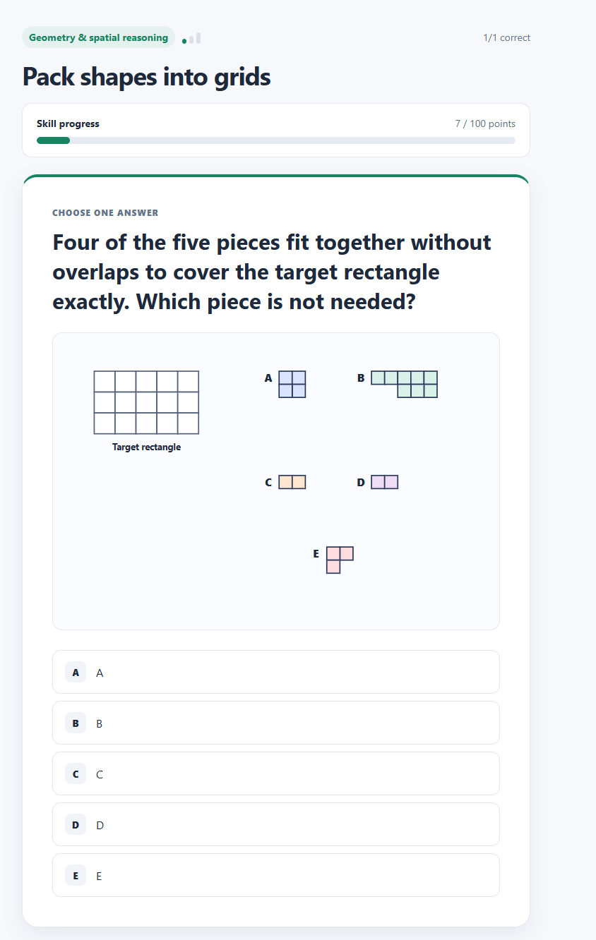 Eleven Plus Maths geometry exercise about packing shapes into a grid
