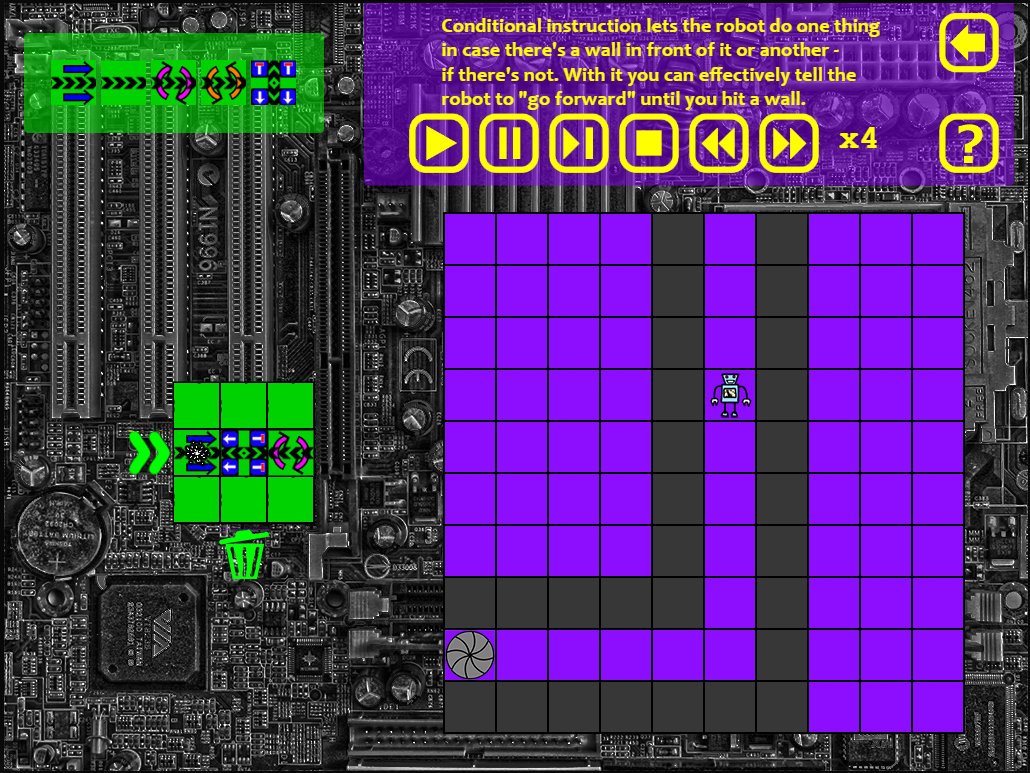 Turing Game interface showing a programmable robot in a purple maze