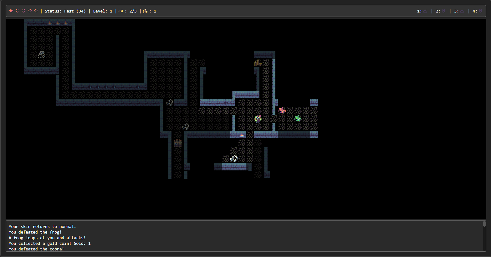 Vibe Crawler showing a dark pixel-art dungeon with monsters and an exploration log